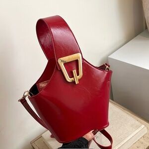 Elegant Red Leather Bucket Bag